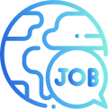 An icon of a speech bubble with the word JOB written within it. The bubble sits overtop a globe.