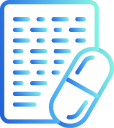 An image of a filled doucment with a pill graphic over the bottom right corner of the document.